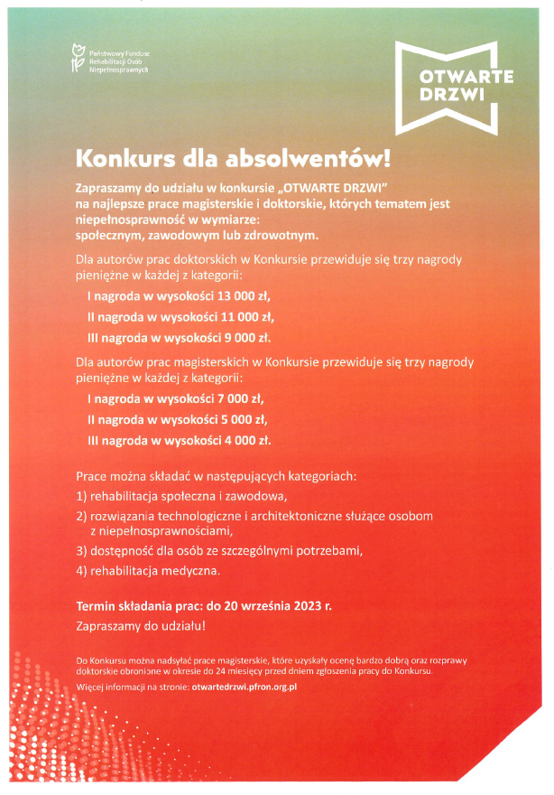 Otwarte drzwi - konkurs PFRON na pracę magisterską lub doktorską